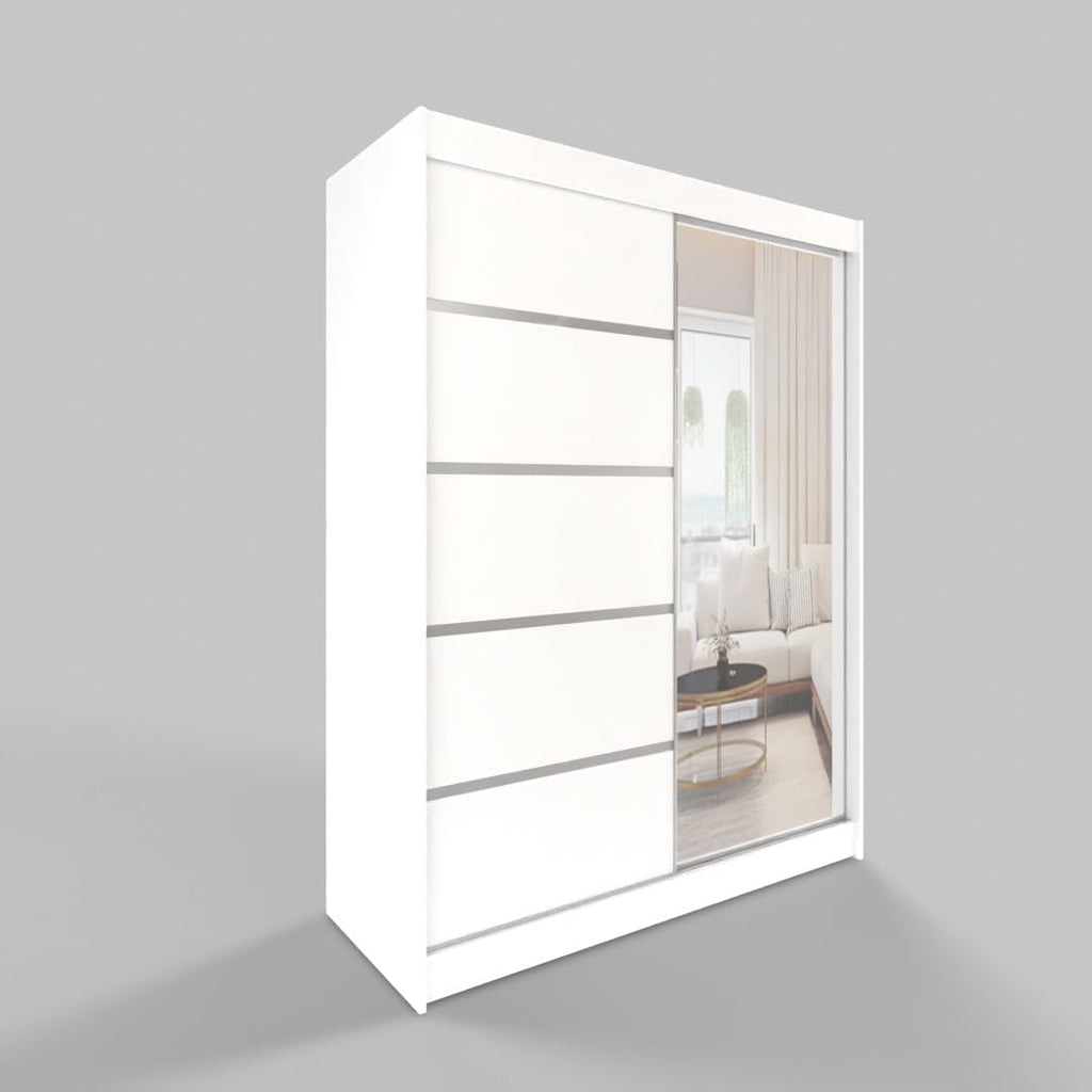 White Series 120 cm Sliding Door Wardrobe with Mirror Widths 100/120/150/180/200/250 cm Furniture for Bedroom Living Room Wardrobe with Hanging Rail