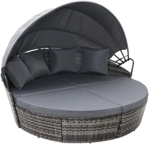 Bali 4 Piece Modular Round Rattan Wicker Patio Garden Furniture Daybed Sun Lounger Set with Extendable Canopy and Conversation Seat Cushions (Mixed Grey)