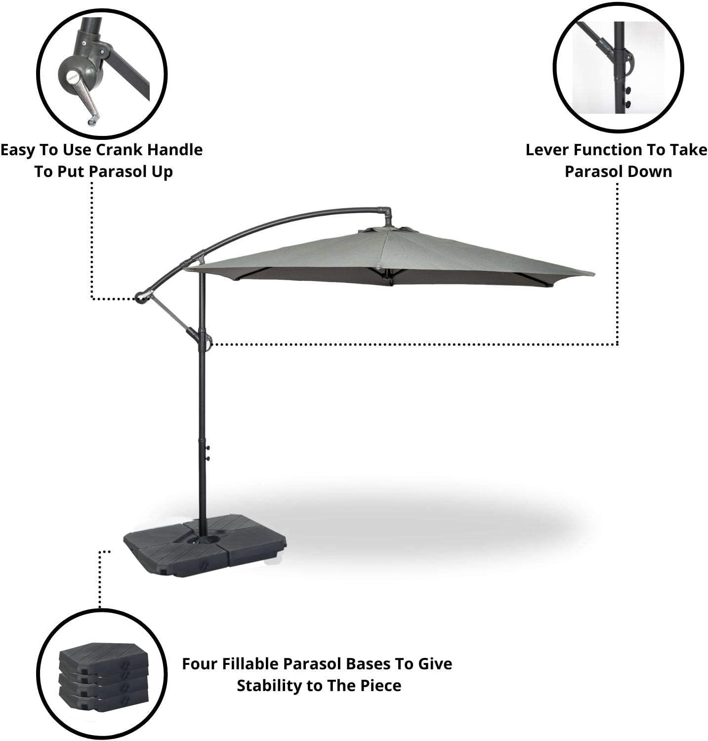 3m Cantilever Banana Parasol - Hanging Parasol with Crank Handle - Outdoor Garden and Patio Sun Shade - with PVC Coated Cover
