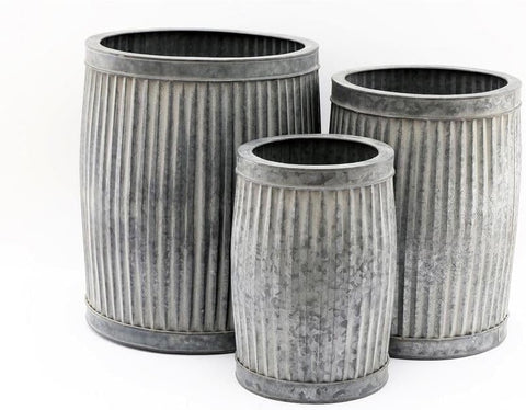 Large Metal Round Ribbed Dolly Garden Drum Flower Pots (Set Of 3)