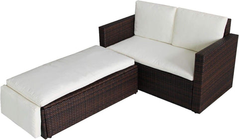 2 Seat Rattan Garden Furniture Patio Outdoor Sofa Set Daybed Sun Lounger with Cushions and Adjustable Footstool for Balconies Patios Conversation (Brown)