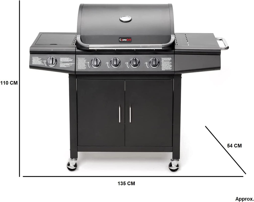 Barbecue 4+1 - Deluxe Grill BBQ with Side Ring Burner Black (Barbecue with Cover)