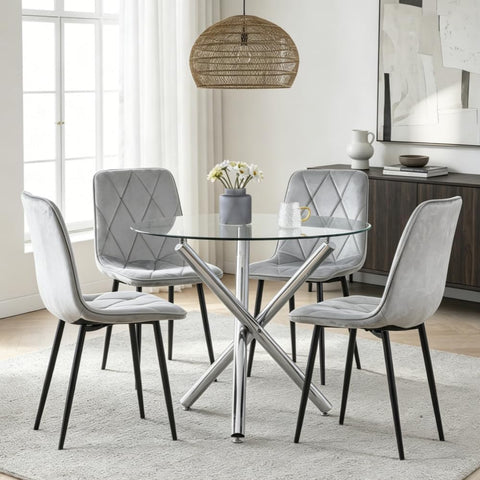 Round Glass Dining Table and Grey Velvet Chairs Set of 4 for Small Space