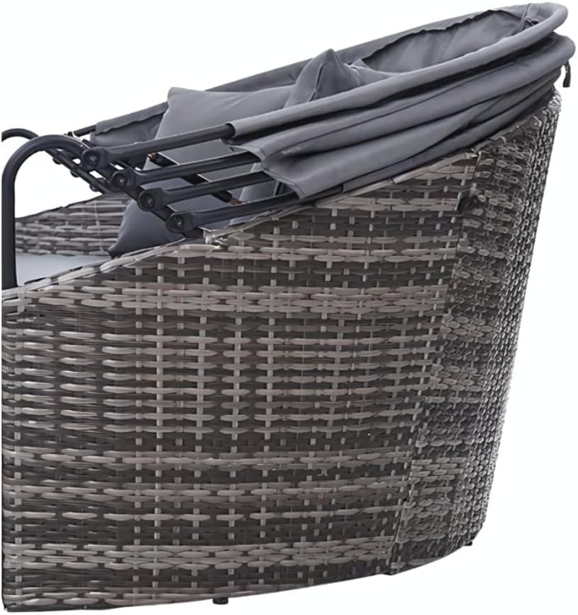 Bali 4 Piece Modular Round Rattan Wicker Patio Garden Furniture Daybed Sun Lounger Set with Extendable Canopy and Conversation Seat Cushions (Mixed Grey)