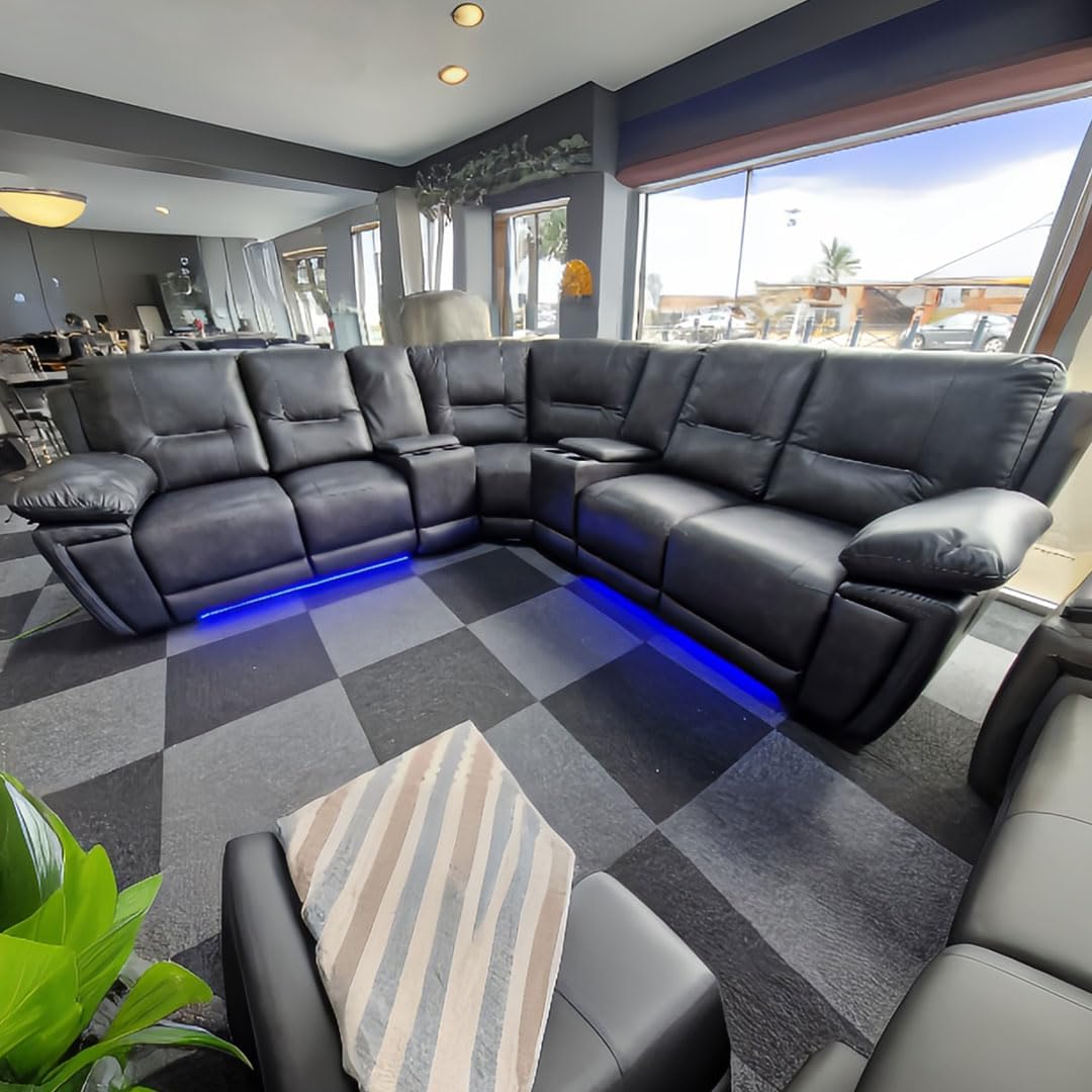 Leather Electric Recliner Sofa With Cupholders - Leather Corner Sofa - 3+2 Seater - USB Charging Ports - LED Lights - Grey(Corner)