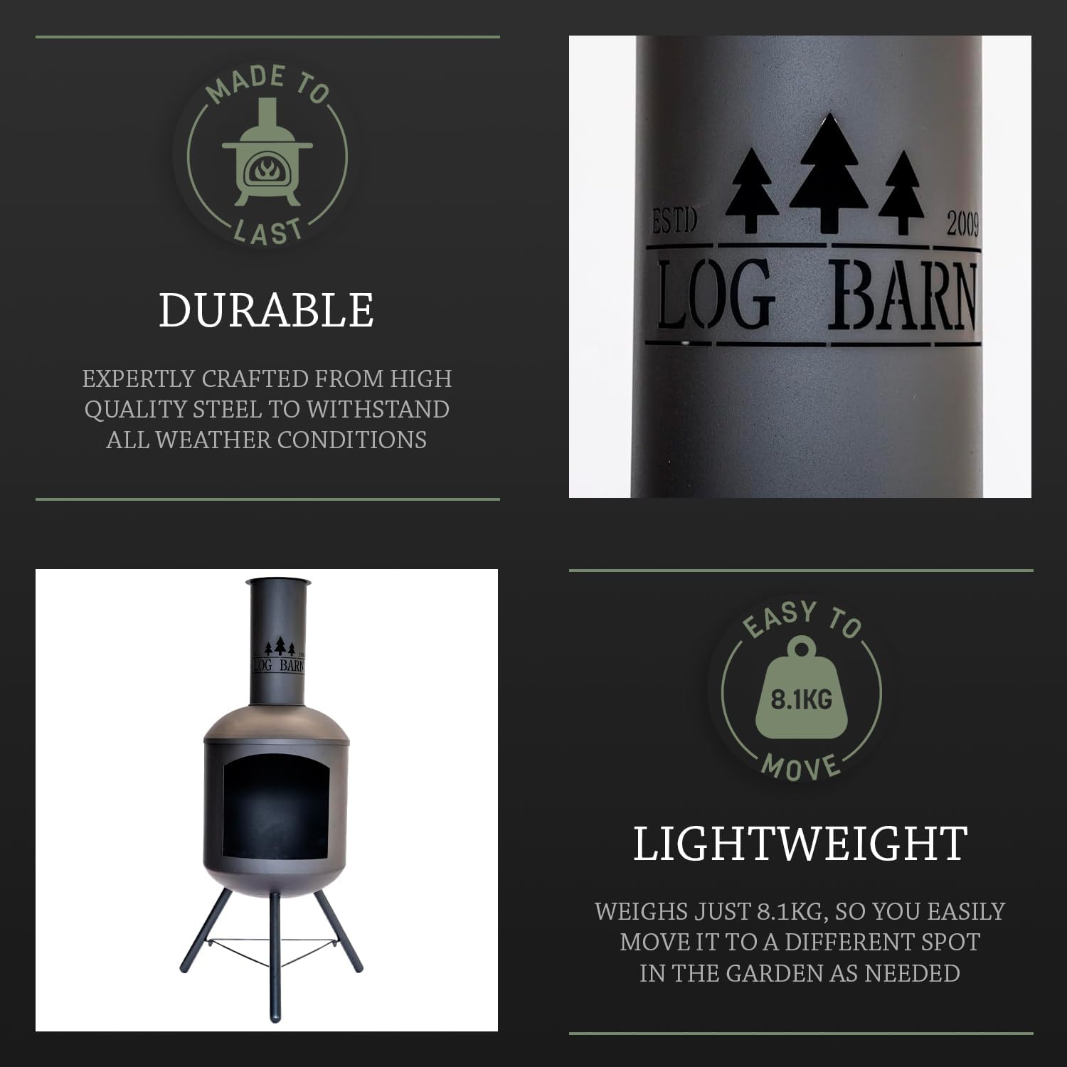 Chiminea for Garden (43 x 43 x 118 cm). Black Steel Log Burner Outdoor with Poker. Durable