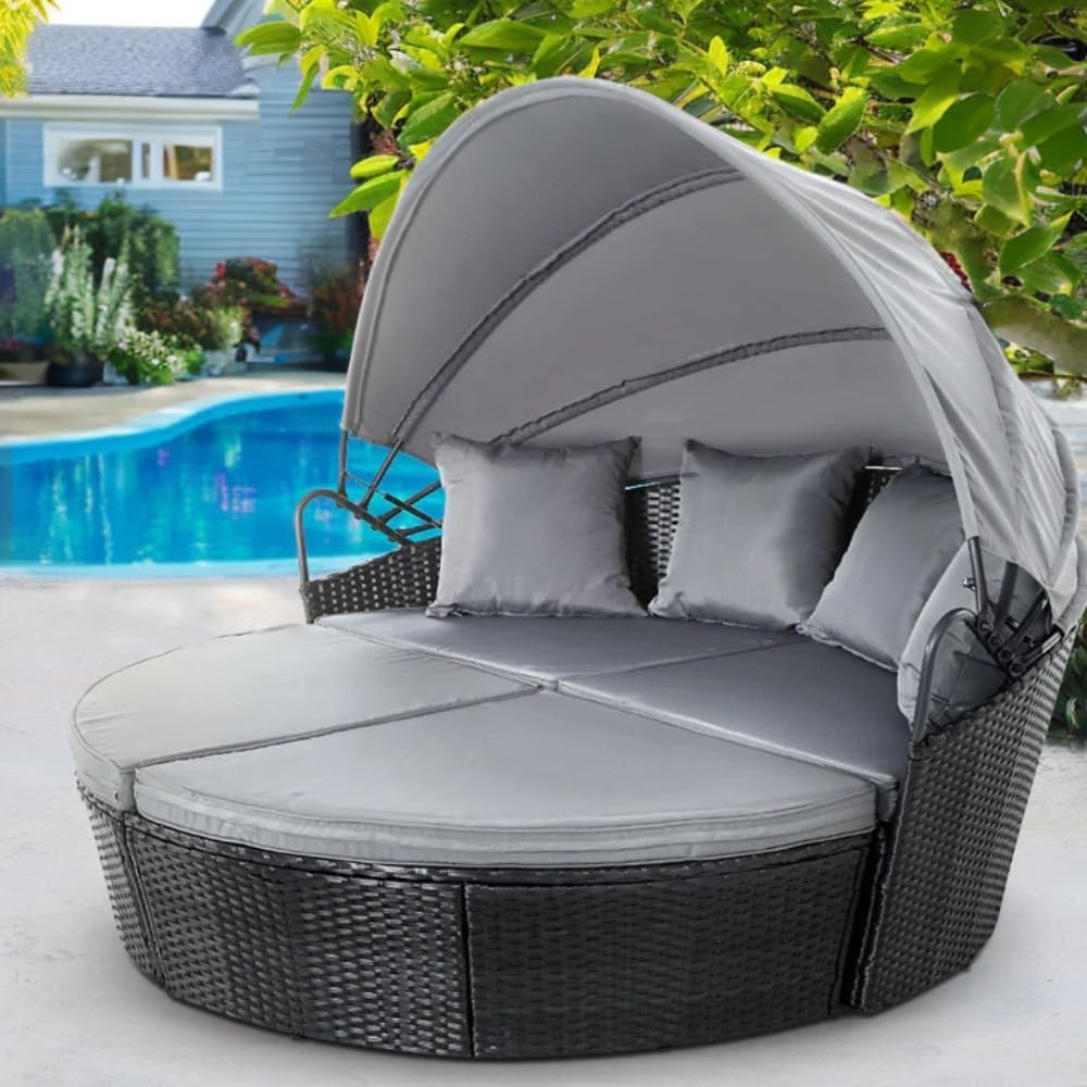 4 Piece Modular Round Rattan Wicker Patio Garden Furniture Daybed Sun Lounger Set with Extendable Canopy and Conversation Seat Cushions (Black)