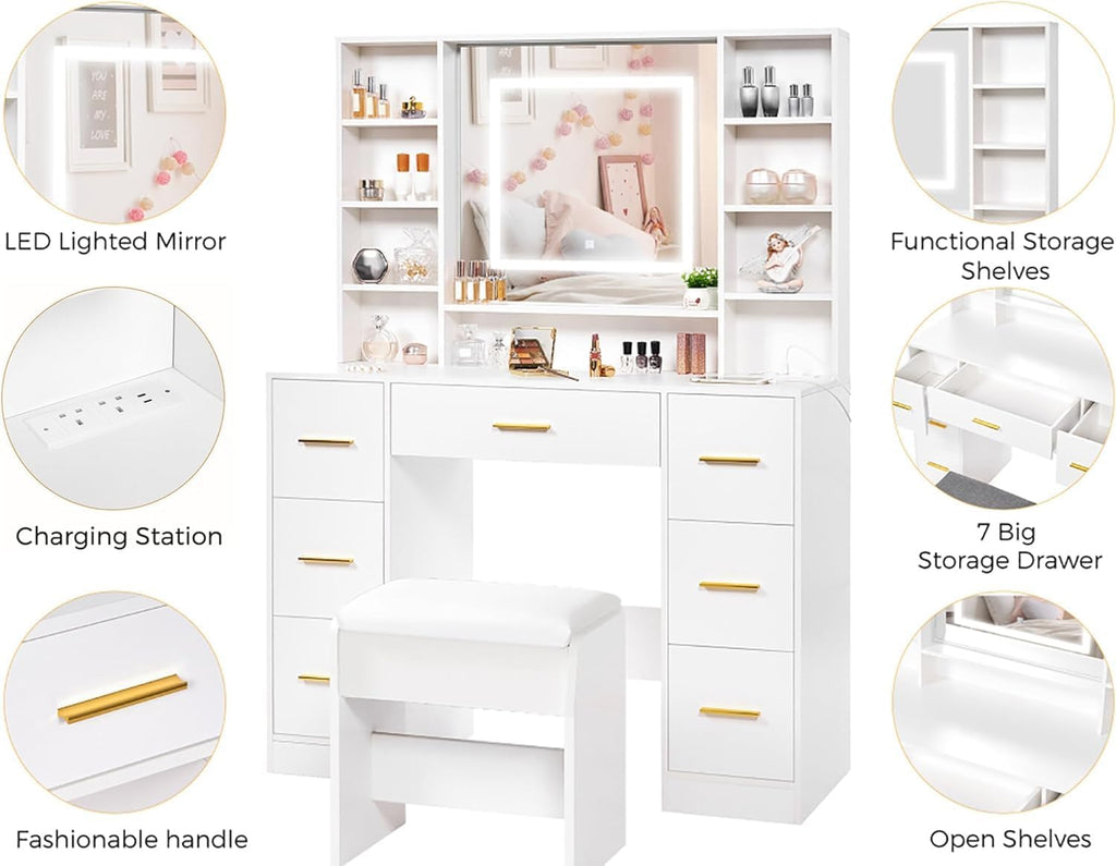 Dressing Table with Lighted Mirror Makeup Vanity Desk with Power Outlet 7 Drawers 3 Colors Lighting Adjustable Brightness Modern Vanity Table for Women Bedroom Dressing Room White YBDT90W