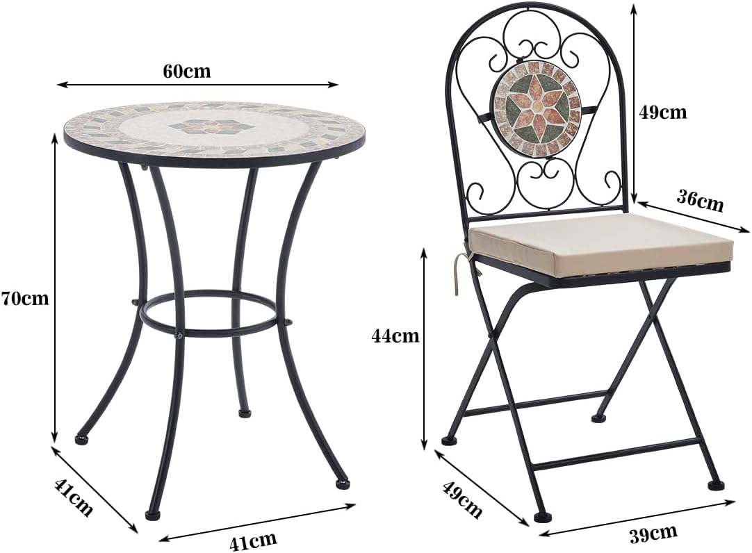 Set Mosaic Table and Chairs Garden Dining Table 2 Folding Chairs with Cushion Outdoor Coffee Table and Metal Chair Seat for Balcony