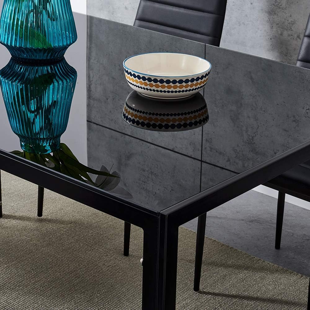 Glass Dining Table and Faux Leather Chairs Dining Room Kitchen Furniture Set (Table140cm + 6 Black Chairs)