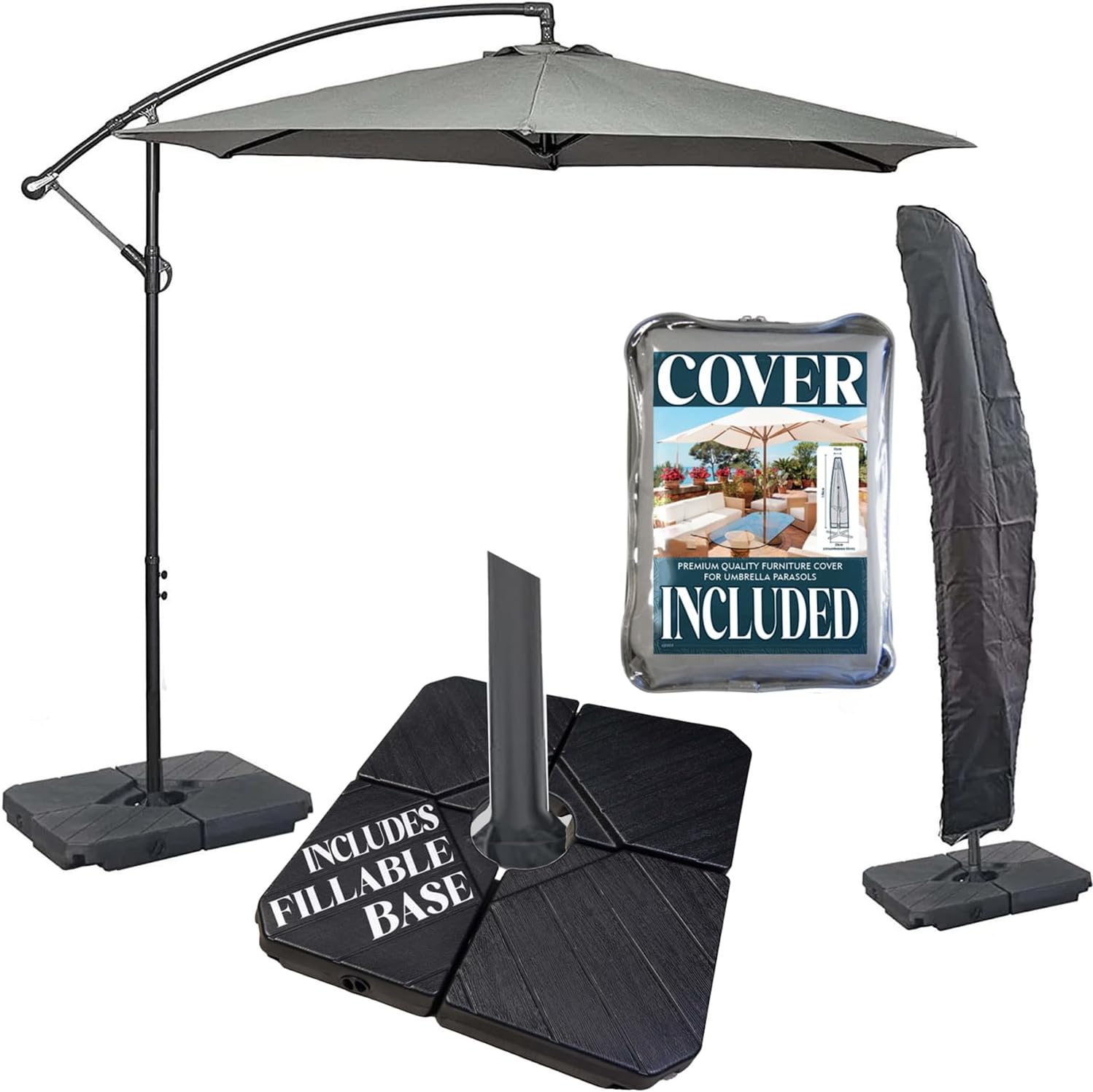 3m Cantilever Banana Parasol - Hanging Parasol with Crank Handle - Outdoor Garden and Patio Sun Shade - with PVC Coated Cover