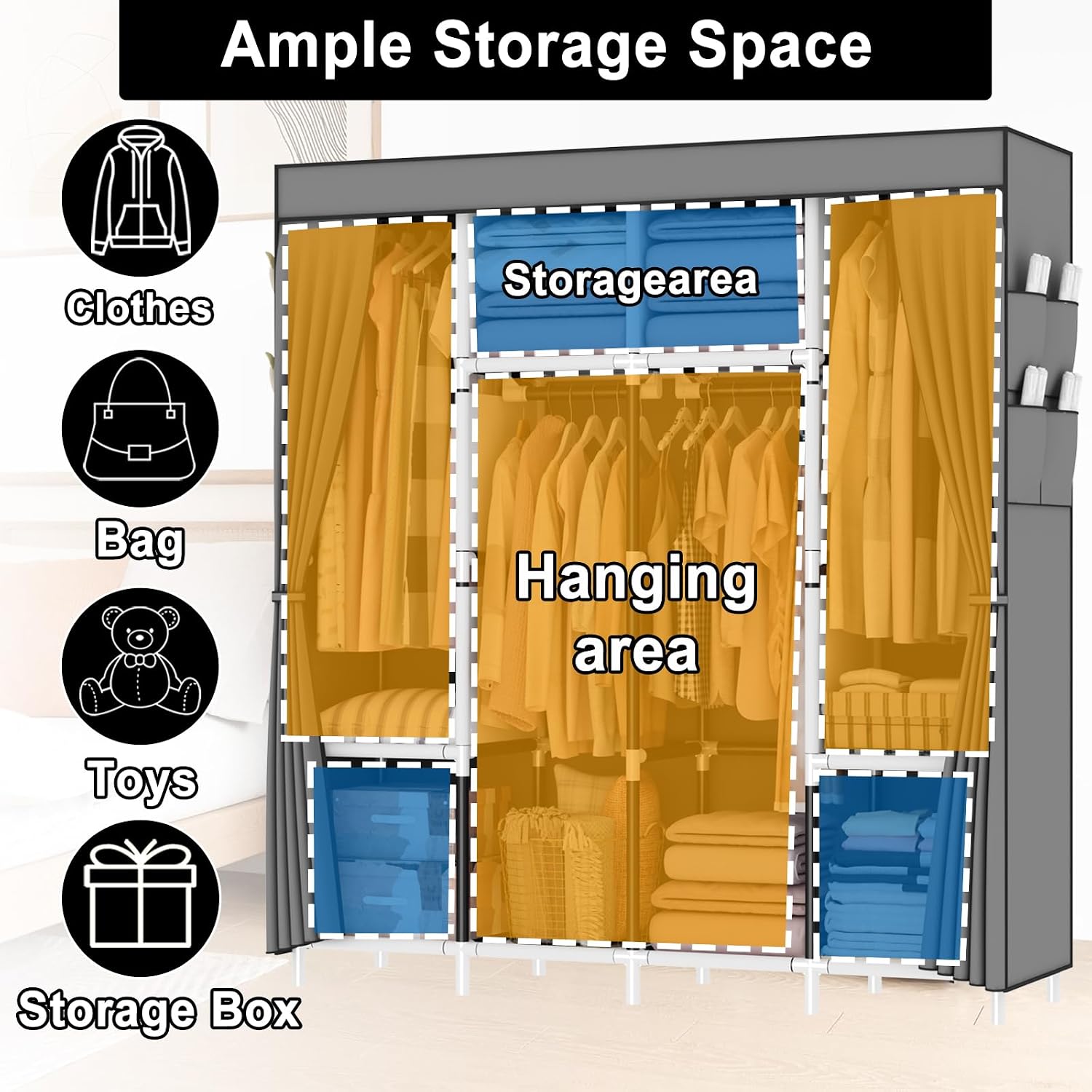 Canvas Wardrobe with 4 Hanging Rails