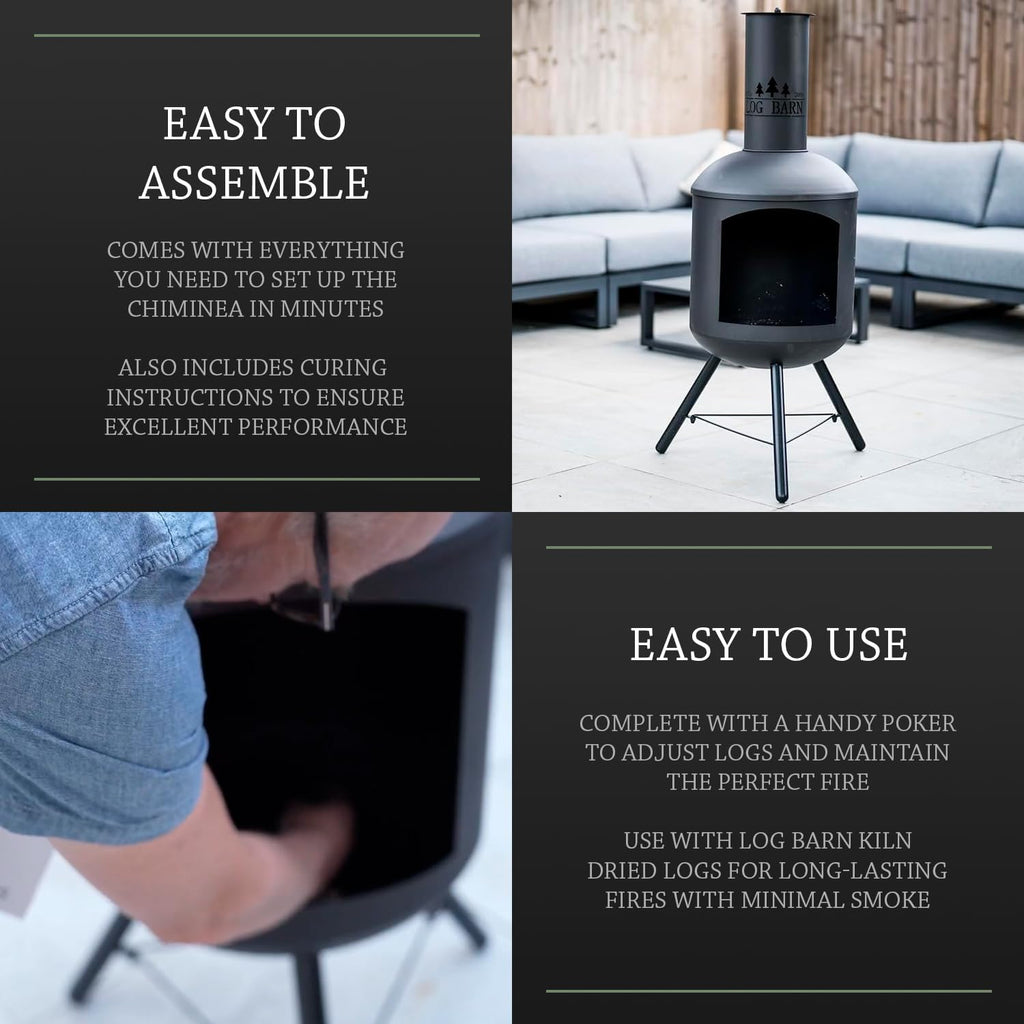 Chiminea for Garden (43 x 43 x 118 cm). Black Steel Log Burner Outdoor with Poker. Durable