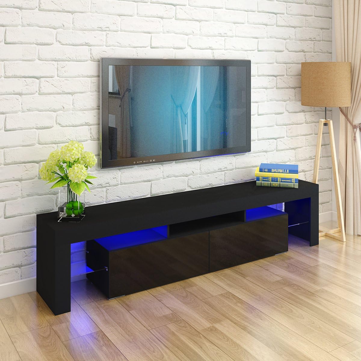 Modern White 200CM TV Unit Stand for 65 to 85 inch TV With RGB LED Lights High Gloss Door TV Stand Living Room Furniture TV Cabinet (Black)