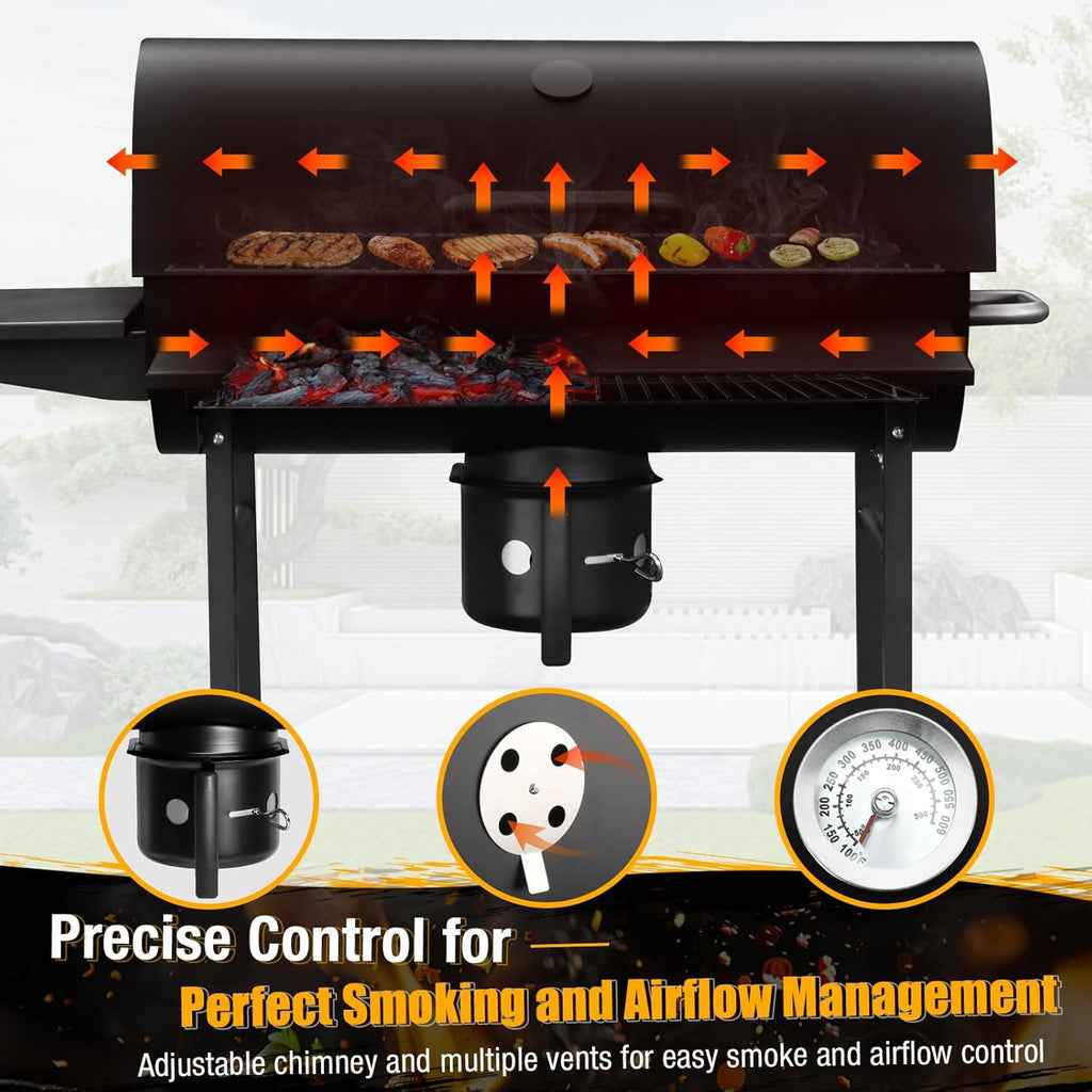 Large charcoal barbeque grill outdoor: barrel smoker bbq grill with 4 air vents for Home Garden Cooking