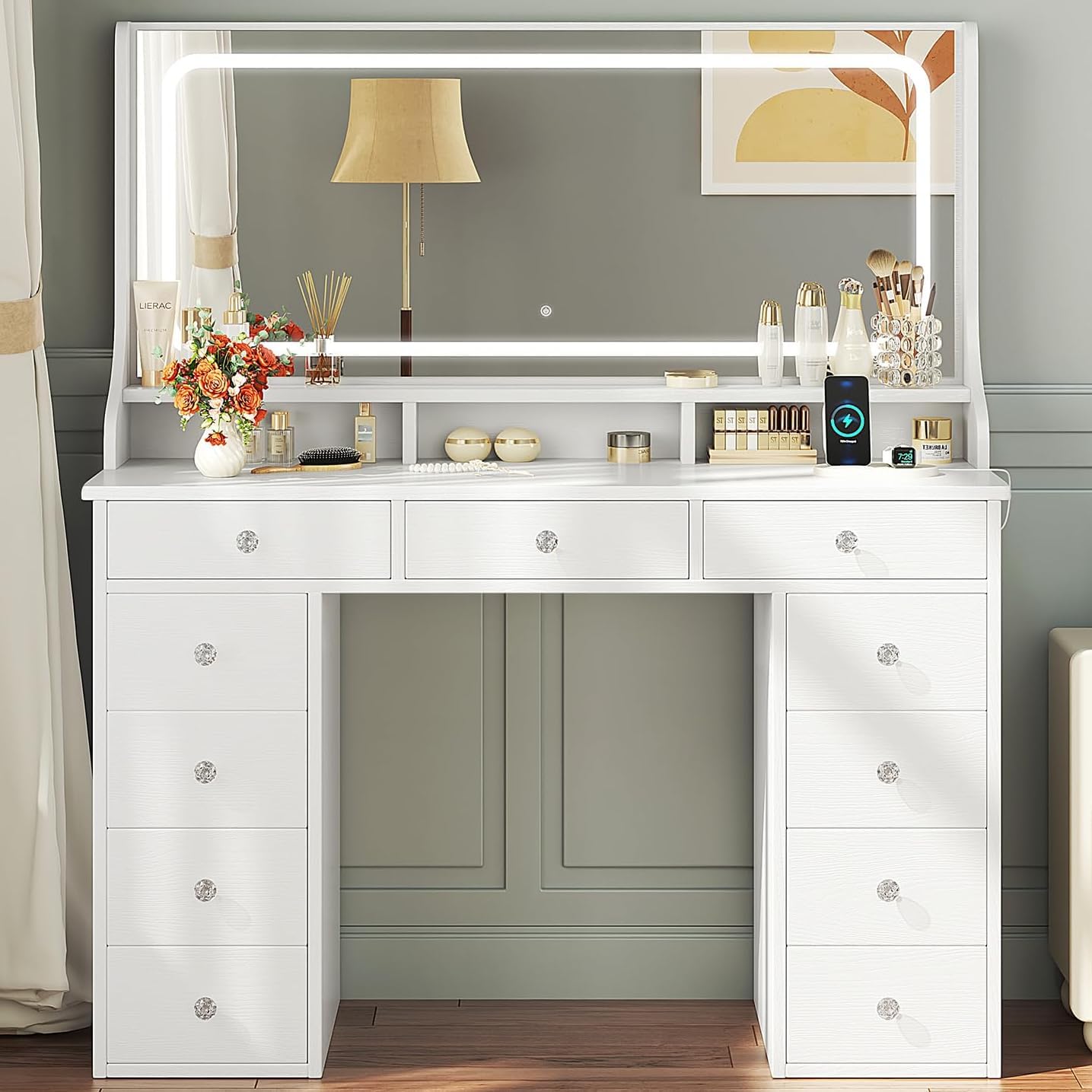 Dressing Table Vanity Desk with Mirror and Drawers Vanity Table Makeup Desk Shelves Storage Adjustable Brightness Makeup Table Cosmetic Bedroom Dresser Furniture (White 11 Drawers
