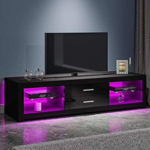 TV Stand Cabinet 2 Drawer 2 Glass Shelves LED Lighted TV Console Unit for 22"-55" Flat Screen 4k TVs (black)