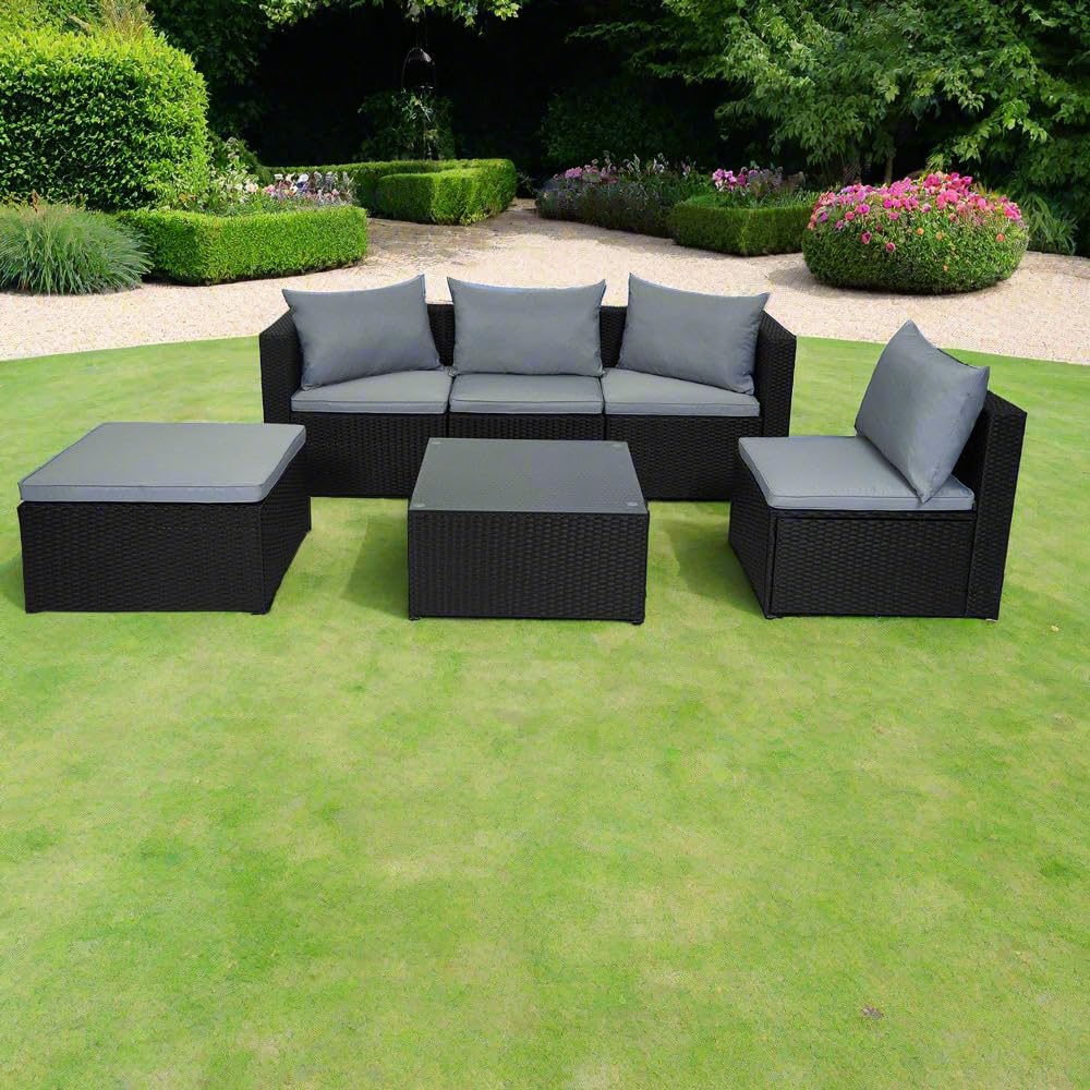 Black Outdoor Rattan Garden Furniture Set for Patio Conservatories with 5 seat Modular Sofa Glass Top Coffee Table Foot Stool Cushions and Fade Resistance (Black)