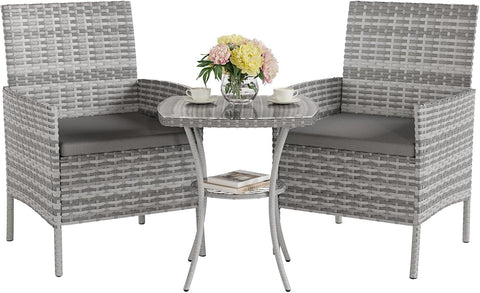Garden Furniture Set 3 PCS Rattan Patio Conservatory Outdoor Bistro Set Patio Weave Companion Chair Table Set Grey