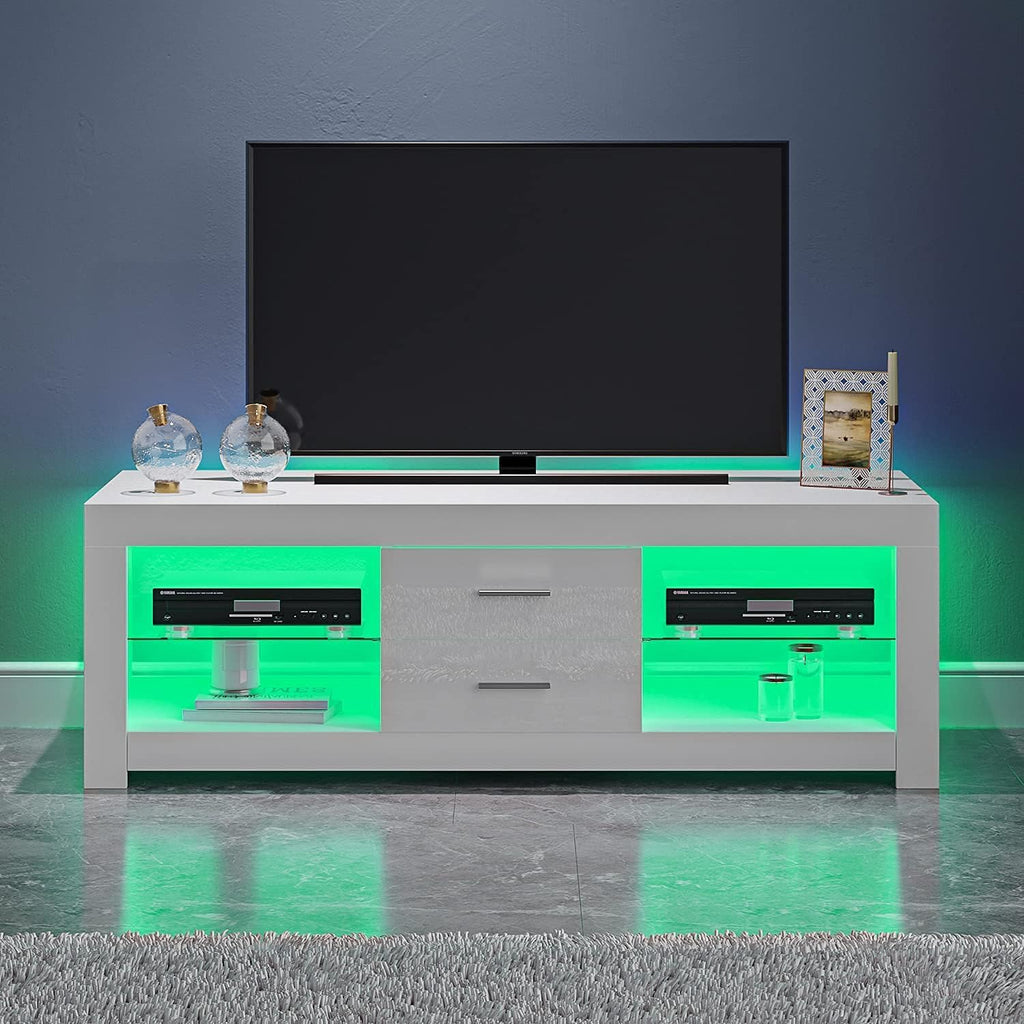 Modern TV Unit Stand Cabinet 120cm 2 Drawers 2 Glass Shelves Media Storage Sideboard with RGB LED Lights up to 55" TVs Screen