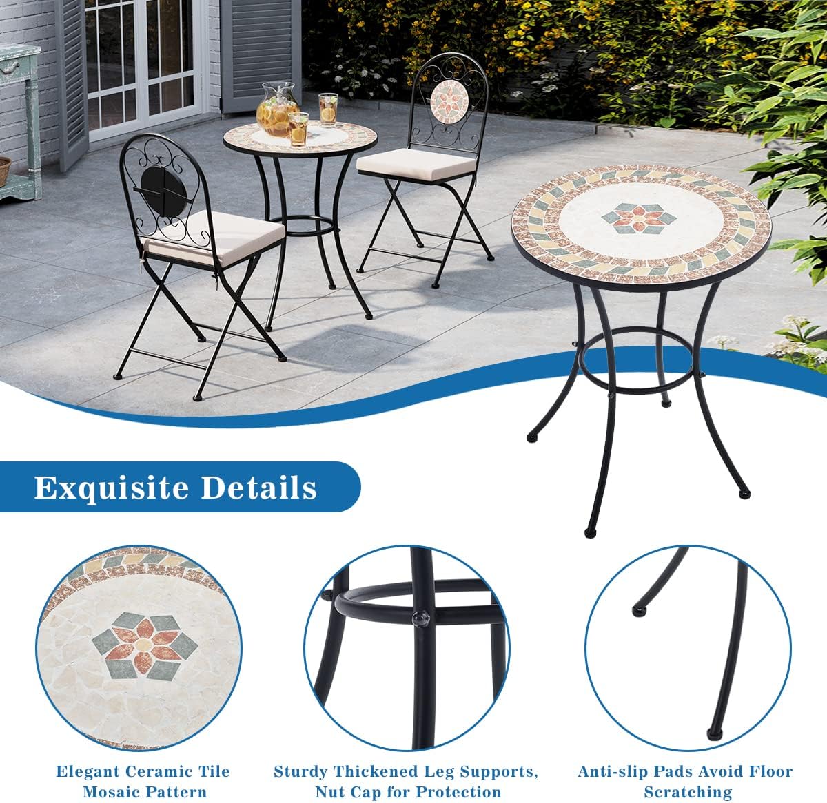 Set Mosaic Table and Chairs Garden Dining Table 2 Folding Chairs with Cushion Outdoor Coffee Table and Metal Chair Seat for Balcony