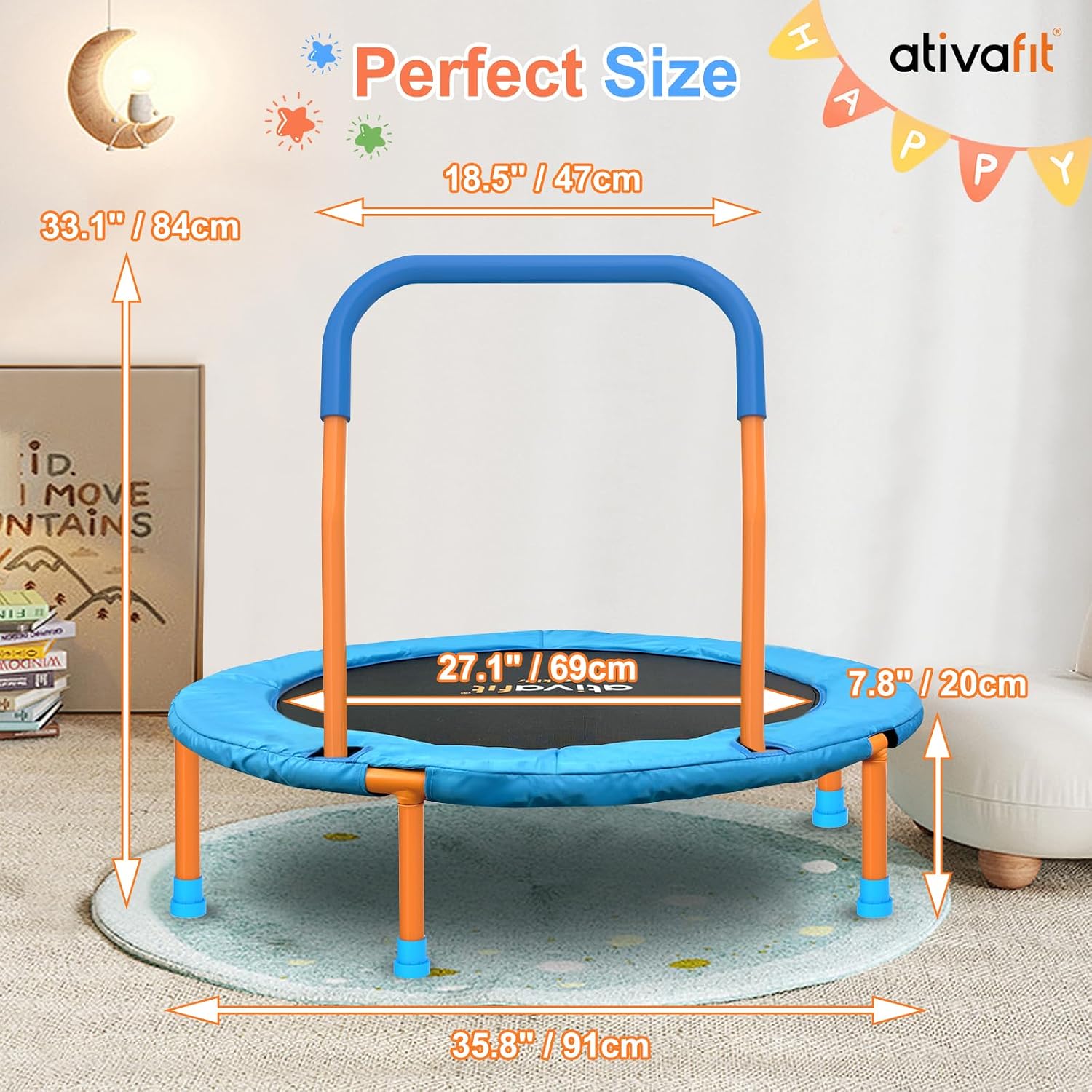 36''Foldable Rebounder Band Big Handle Trampoline for Toddlers Kids With Super Safety Pad Foam Handle Oxford Padded Noise-Free Kids Cover Fun for Kids Indoor/Outdoor for 3-6 years old