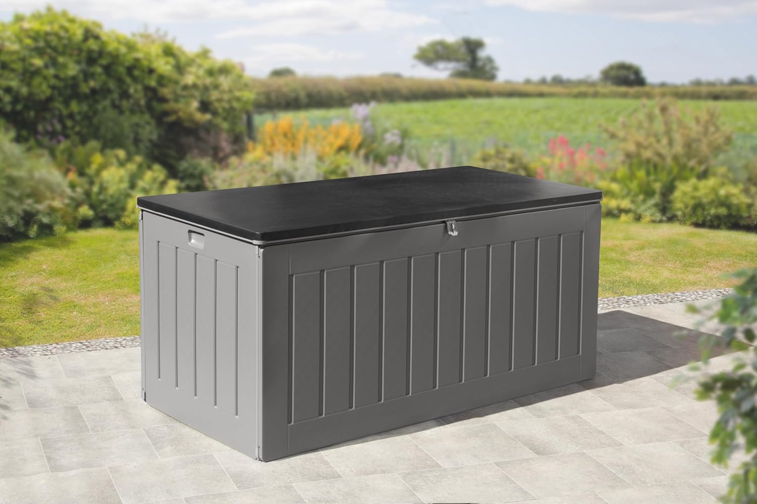 Garden Store Direct 830L/220 Gallon MASSIVE Capacity Outdoor Garden Storage Box Plastic Shed - Weatherproof &amp; Sit On with Wood Effect Chest (830 Litre