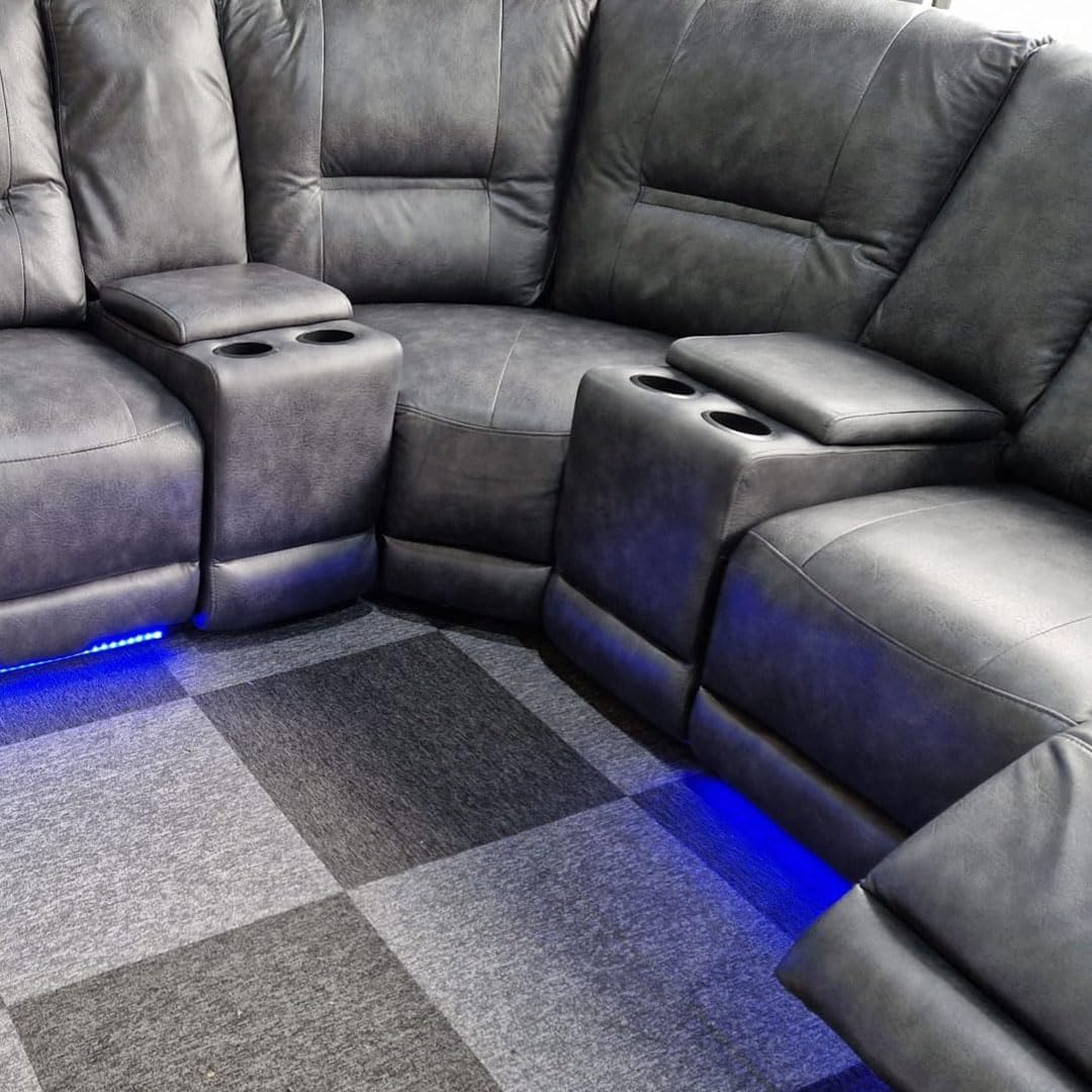 Leather Electric Recliner Sofa With Cupholders - Leather Corner Sofa - 3+2 Seater - USB Charging Ports - LED Lights - Grey(Corner)