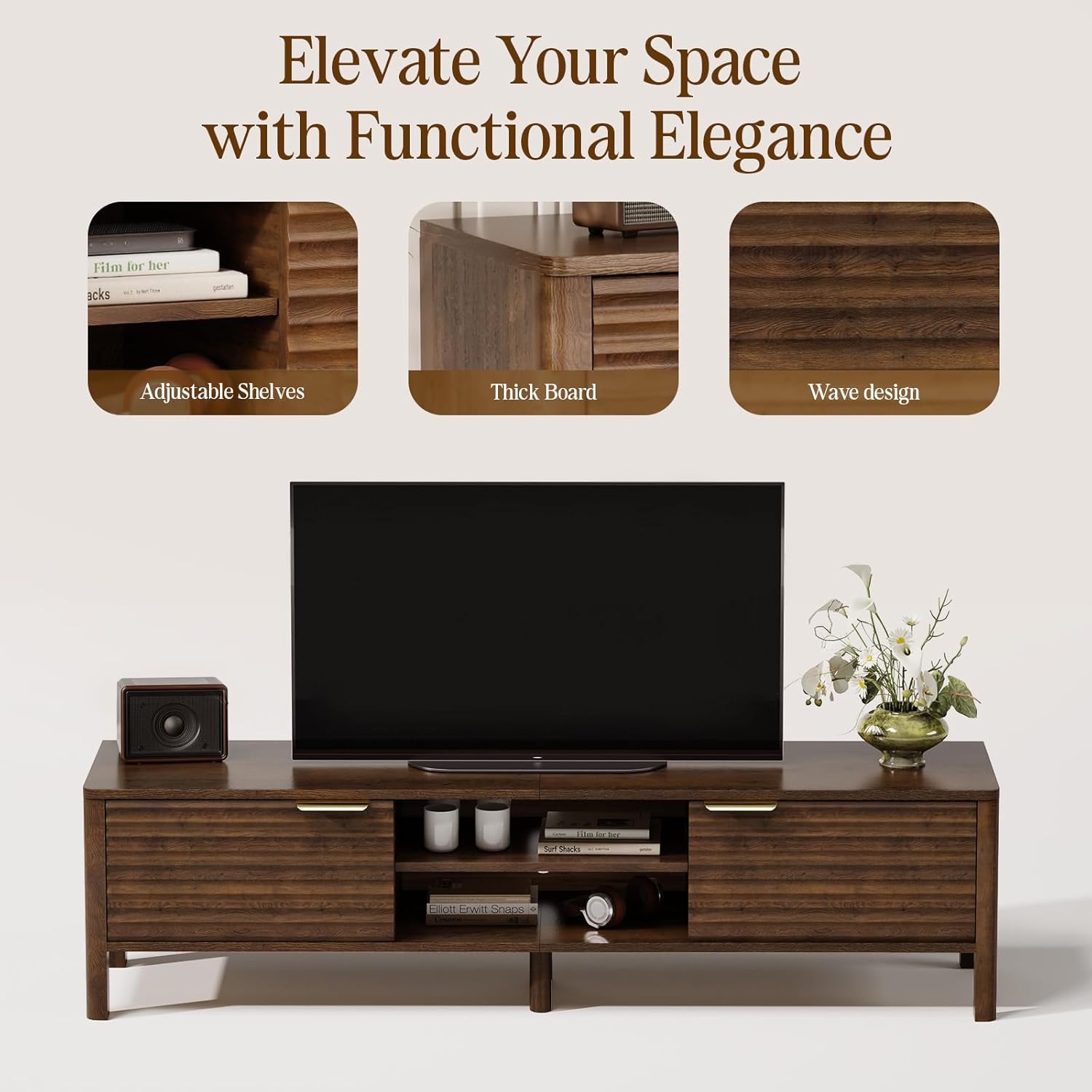 Wooden TV Stand Cabinet - 150cm Long TV Unit With Storage And Adjustable Shelves