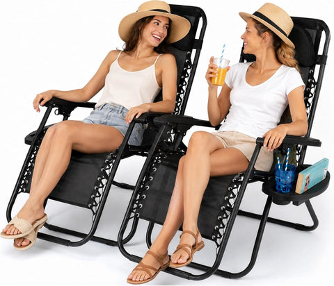 Set of 2 Sun Lounger Garden Chairs - Lightweight Zero Gravity Recliner Chairs with Clip-On Side Tray &amp; Adjustable Headrest - Foldable Sunloungers - Outdoor Chair Sunbed (Black)