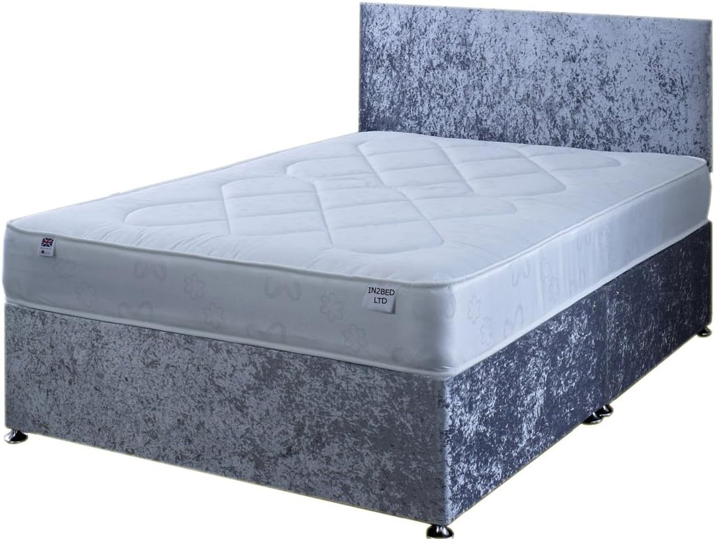 3FT Single Silver Crushed Velvet Divan Bed Set Including Deep Quilt Mattress And Headboard