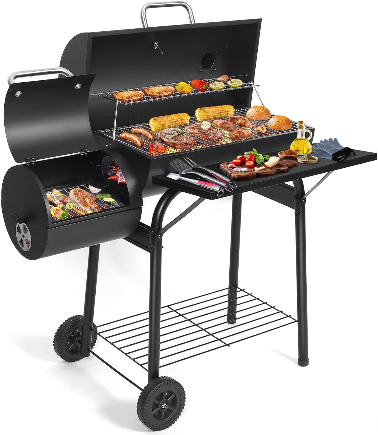 BBQ Grill With Offset Smoker: Large Oil Drum Barbecue Barrel Grill For Outdoor Garden
