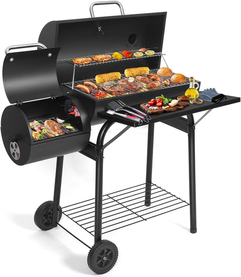 BBQ Grill With Offset Smoker: Large Oil Drum Barbecue Barrel Grill For Outdoor Garden