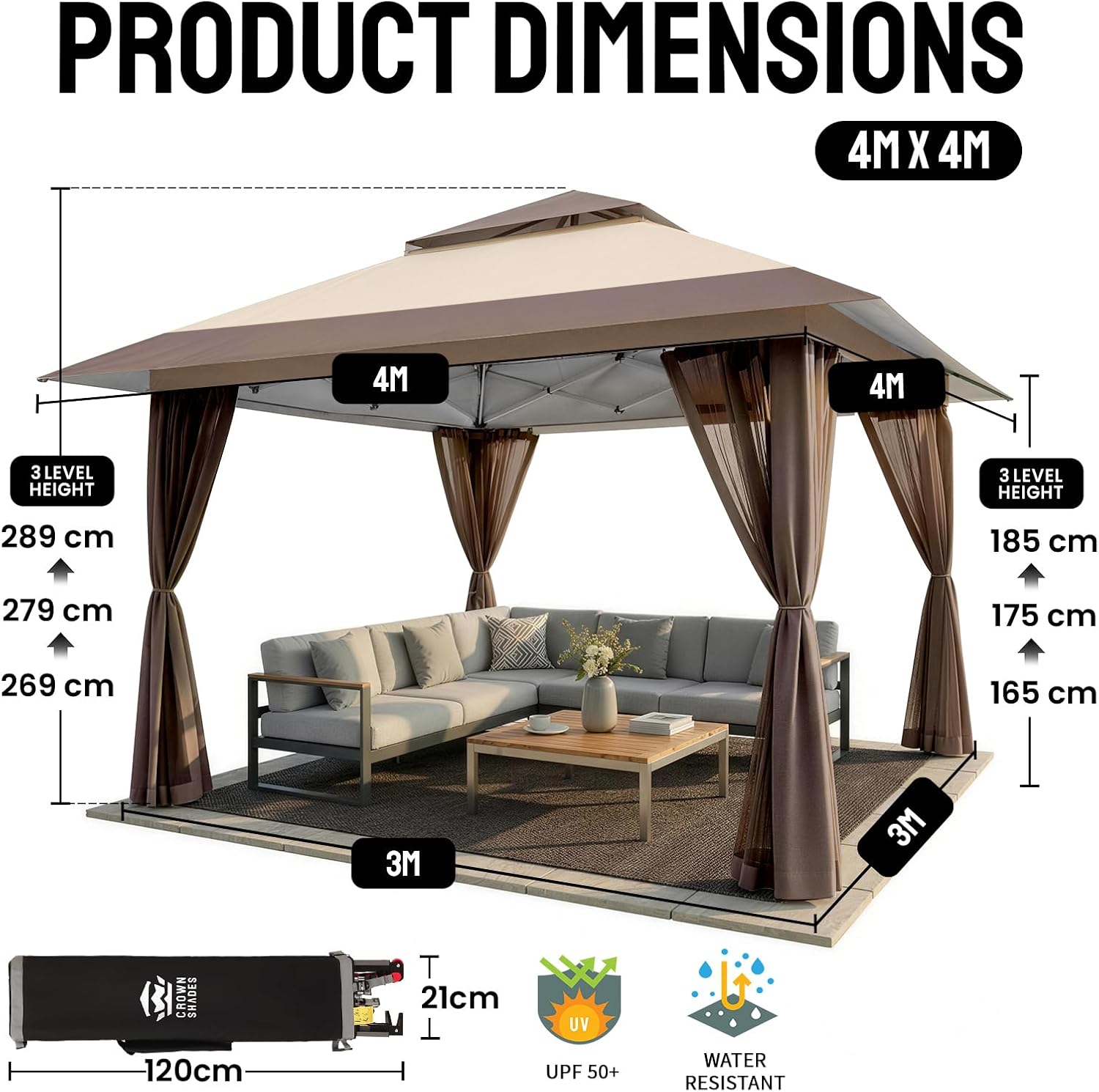 4m × 4m Double-Roof Pop-Up Gazebo with Vented Canopy