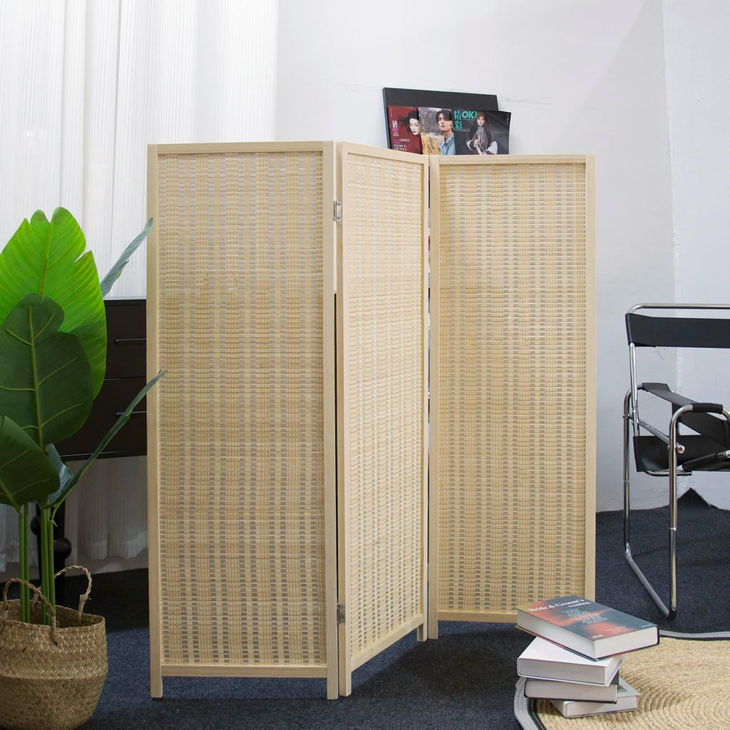 3 Panel Bamboo Room Divider Short Folding Screen Divider,Double Sided Bamboo Divider Screen for Room Separation,Beige,120 cm H x 117 cm W