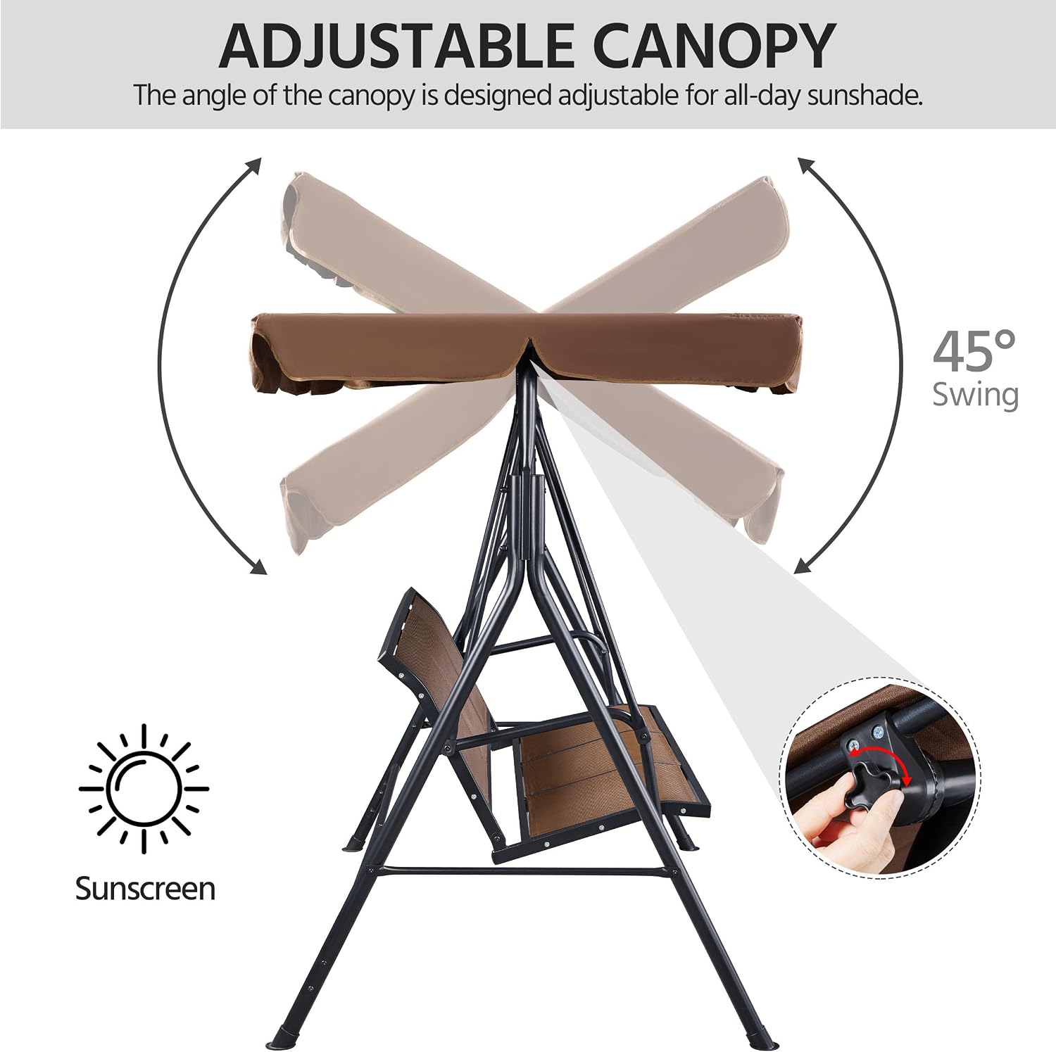 Swing Chair 3-Seat Outdoor Patio Sunset Hanging Swing w/Texteline Fabric &amp; Adjustable Canopy &amp; Armrests