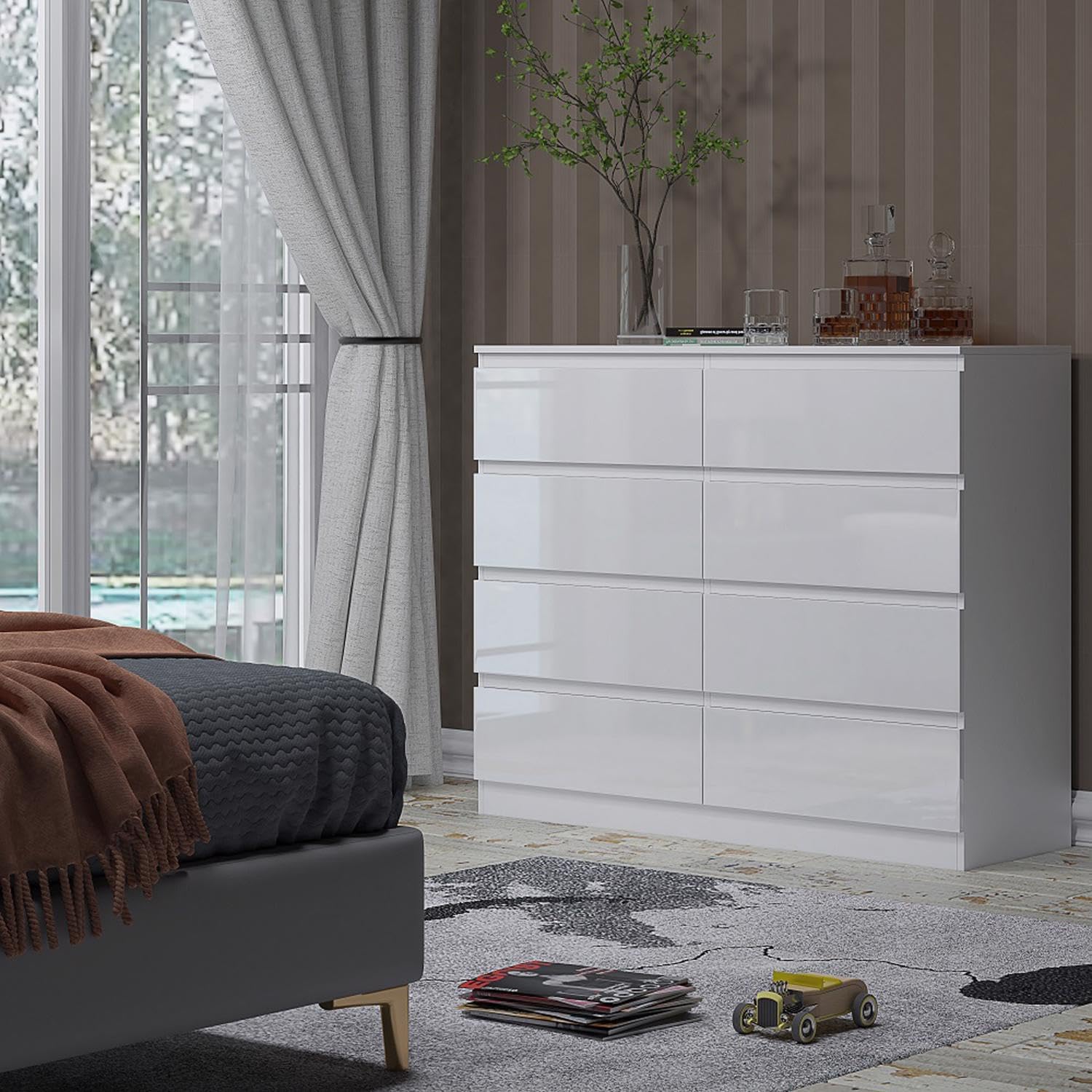 White Gloss XL 8 Drawer Chest. Modern Bedroom Furniture Chest of Drawers.Matt White with White Gloss Drawer Fronts - W110 x H99 x D40cm