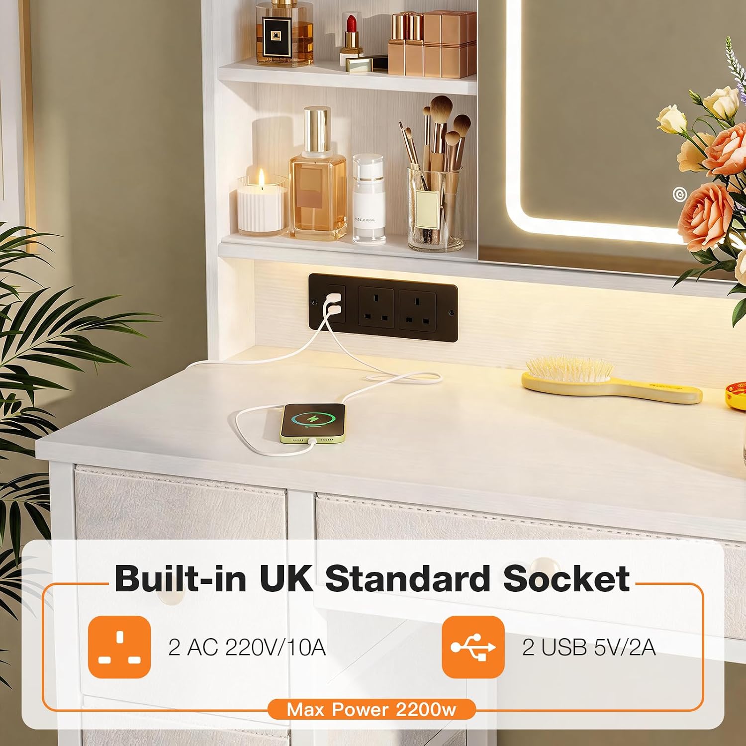 Dressing Table with LED Mirror &amp; Power Outlet