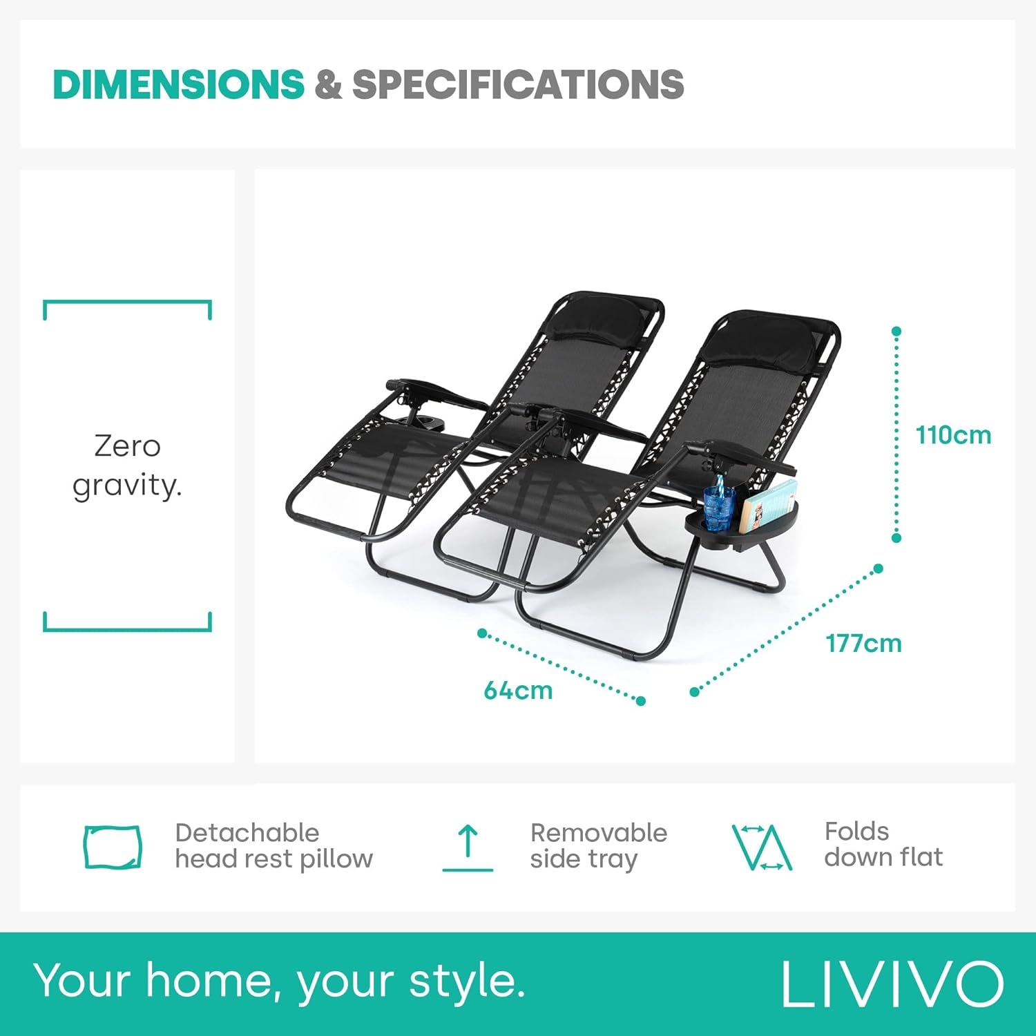 Set of 2 Sun Lounger Garden Chairs - Lightweight Zero Gravity Recliner Chairs with Clip-On Side Tray &amp; Adjustable Headrest - Foldable Sunloungers - Outdoor Chair Sunbed (Black)