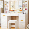 Dressing Table with Lighted Mirror Makeup Vanity Desk with Power Outlet 7 Drawers 3 Colors Lighting Adjustable Brightness Modern Vanity Table for Women Bedroom Dressing Room White YBDT90W