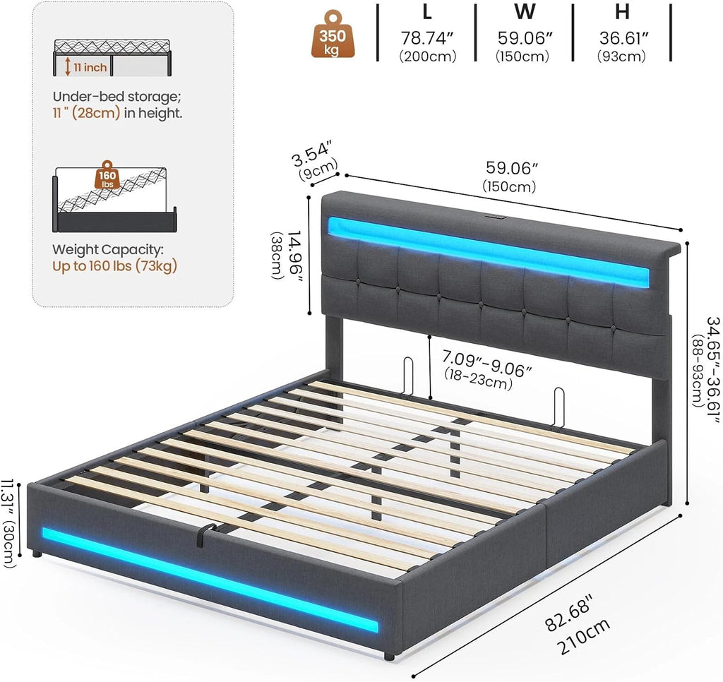 5ft King Ottoman Bed Frame 150×200 cm with Charging Station and LED Lights