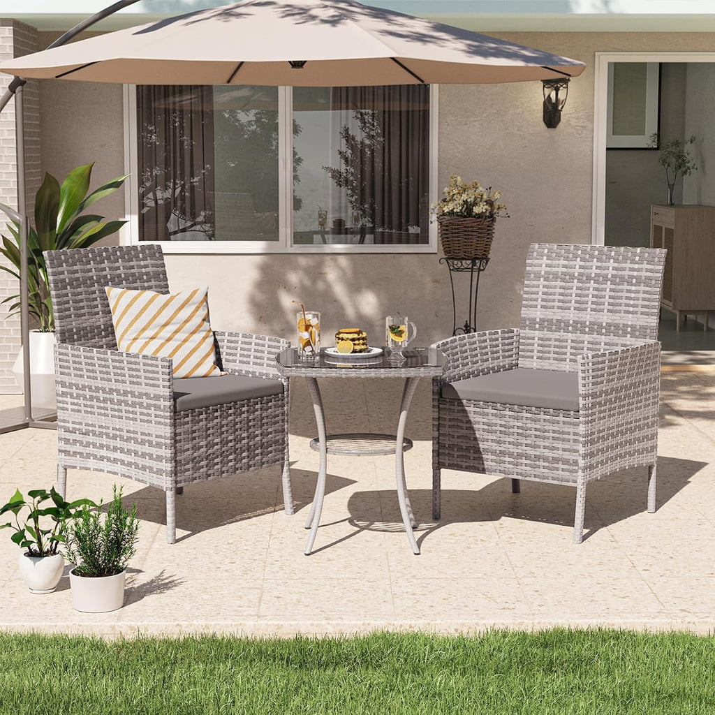 Garden Furniture Set 3 PCS Rattan Patio Conservatory Outdoor Bistro Set Patio Weave Companion Chair Table Set Grey
