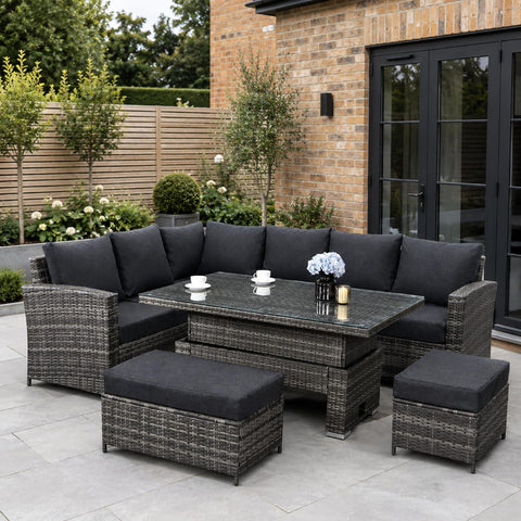 9 Seater Rattan Garden Furniture Set with Height Adjustable Rising Table - Outdoor Furniture Rattan Corner Sofa - Garden Patio Sets - FREE COVER INCLUDED (Dark Grey Mixed with Dark Grey Cushions)
