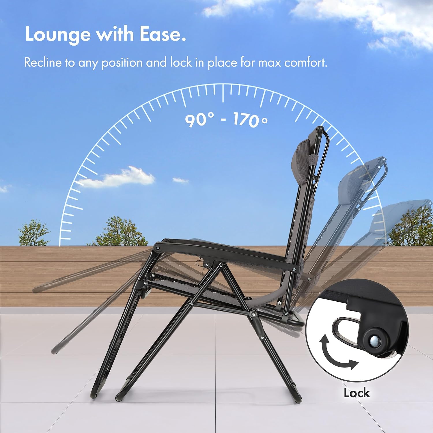 Chairs with Canopy Set of 2 - Grey Reclining Sun Loungers for Garden - Textilene Folding Sunloungers with Adjustable Sun Shade - 2 Set Deck Chairs for Outdoor