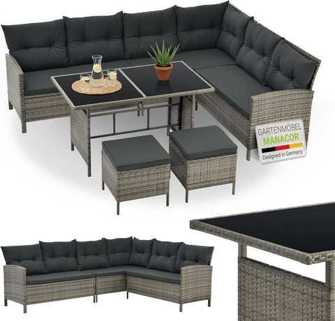 Rattan Garden Lounge Set with Corner Sofa, Dining Table & Stools