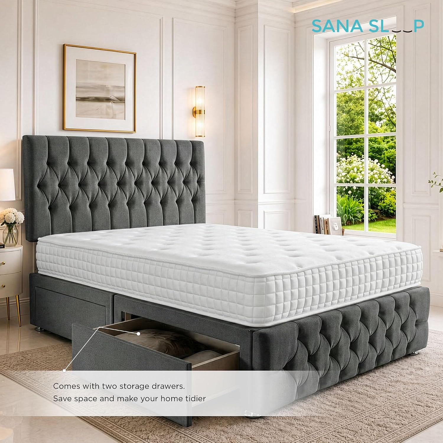 Double Bed 4FT6 with Headboard &amp; Footboard - Dmask Grey Plush Finish - Includes Pocket Sprung Multi-Zone Mattress &amp; 2 Drawers - Sturdy Divan Design for Compact Bedrooms