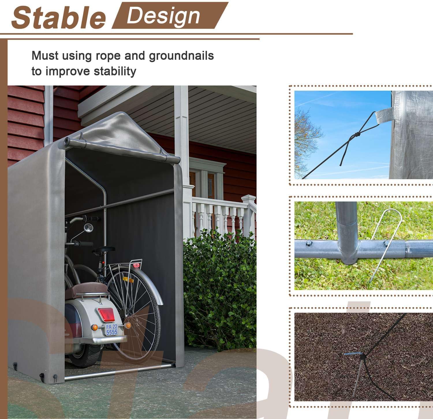 1.8M*1M Garden Waterproof Anti-UV Bike Storage Tent Bicycle Motorcycle Shed Shelter Outdoor Backyard Steel Frame PE Cover Zipper Door Small Grey