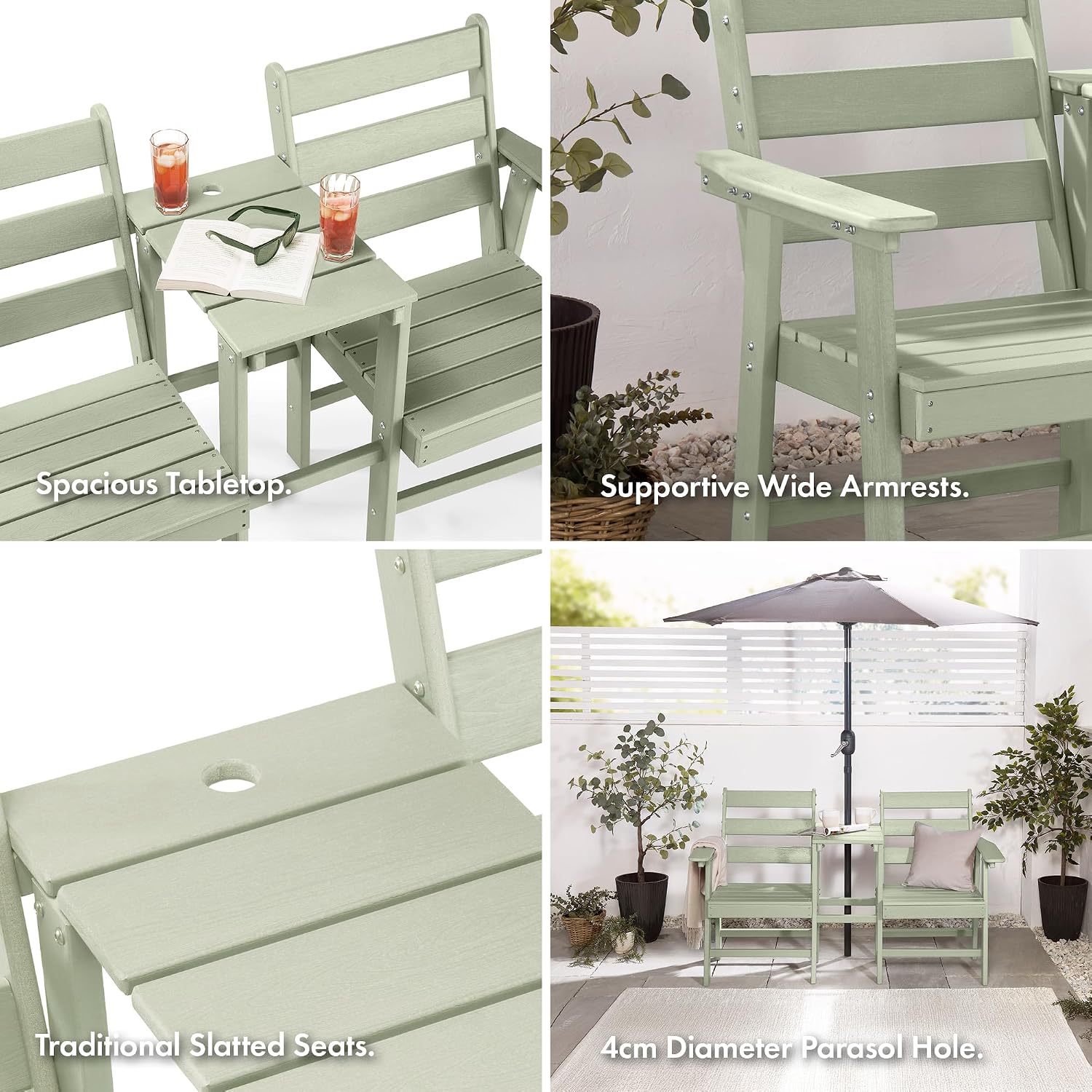 Seat for Garden - 2 Seater Sage Green Jack &amp; Jill Loveseat Patio Set - 2 Person HDPE Companion Set with Built-in Parasol Hole for Terrace