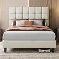 Double Bed Frame Upholstered Platform Bed with Adjustable Square Tufted Headboard/Linen Fabric/Sturdy Wooden Slat Support/No Box Spring Needed