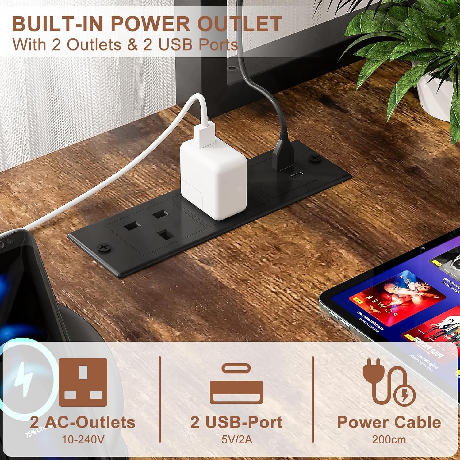Gaming Desk with Power Outlets &amp; LED Lights